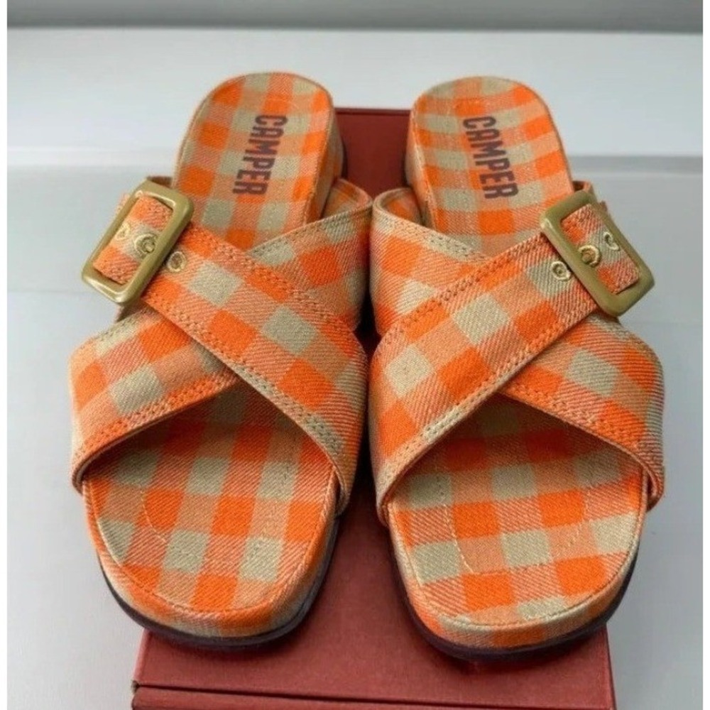 Camper Atonik Orange Gingham Check Slide Sandals Runs Small Womens EU 38 US 8